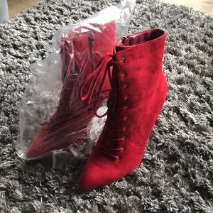 Red stiletto lace/side zip booties